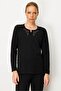 Women's Crew Neck Embroidered Edge Wool Blouse Black