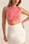 Women's Salmon Knotted Front Crew Neck Zero Sleeve Lycra Crop Blouse Hzl23S-Snd120181 - 3