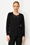 Women's Crew Neck Embroidered Edge Wool Blouse Black - 4