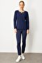 Women's Crew Neck Embroidered Edge Wool Blouse Y.A Navy Blue - 2