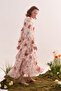 Women's Chiffon Ruffle Dress Glittering Orange Floral Pattern Ecru - 2