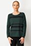 Women's Crew Neck Glitter Striped Stone Wool Blouse Green