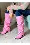 Pusi Pink Patent Leather 5 cm Heel Ruffled Below-The-Knee Boots