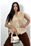 Thick Knitted Double Pocket Metal Button Trendy Vest Cream - 5