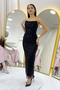 Women's Strapless Beaded Midi Length Evening Dress Lilac, Aqua Green, Baby Blue, White, Black, Gold