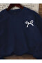 Girl's Navy Blue Crew Neck Minimal Ribbon Printed Embossed Sweatshirt - 2