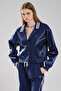 Women's Stripe Detailed Satin Fabric Garnished Design Blazer Jacket