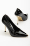 Women's Black Patent Leather Toe Gold Detailed Thin Heeled Stiletto