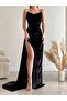 Velvet Stretch Fabric Drape Front Pleated Detail Strap Evening Dress Black 582334 - 2