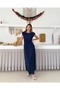 Women's Navy Blue Pleated Dress with Tie Detail - 2