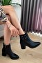 Women's Black Leather Black Buckle (6 cm) Heeled Pointed Toe Boots