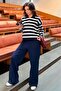 Navy Blue Striped Polo Neck Buttoned Women's Sweater Mg2561 - 6