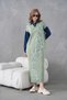 Women's Sleeves Denim Front Glass Pearl and Sequin Embroidered Wide Fit Long Knitwear Dress