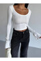 Women's White Long Sleeve Tie Back Fit Cut Crop Blouse Hzl25W-Fry122771 - 6