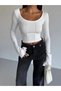 Women's White Long Sleeve Tie Back Fit Cut Crop Blouse Hzl25W-Fry122771 - 7