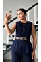 Navy Blue Belted Gold Button Double Crepe Vest - 4