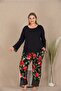 Plus Size Black-Red Floral Lace Long Sleeve Viscose Loungewear & Pajama Set