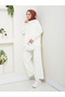 Women's Hijab Top and Bottom Set Ribbed Stand Collar Sleeves Button Detail Knitwear Set Camel - 4