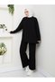 Women's Hijab Top and Bottom Set Ribbed Stand Collar Sleeves Button Detail Knitwear Set Camel - 4