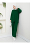 Women's Hijab Bottom Top Knitwear Set Ribbed Stand Collar Patterned Balloon Sleeve Green