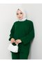 Women's Hijab Bottom Top Knitwear Set Ribbed Stand Collar Patterned Balloon Sleeve Green - 2