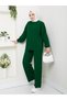 Women's Hijab Bottom Top Knitwear Set Ribbed Stand Collar Patterned Balloon Sleeve Green - 3