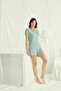 Women, Short Sleeve Lace V-Neck with Shorts, Light Green Pajama Set - 2