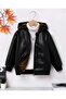 Faux Leather Winter Coat with Plush Details and Kangaroo Pocket