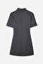 Women's Anthracite Belt Detailed Stand Collar Short Sleeve Mini Dress - 6