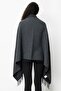 Women's Embroidered Collar, Sleeves Threaded Through, Large Wool Poncho, Dark Smoke - 5