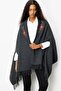 Women's Embroidered Collar, Sleeves Threaded Through, Large Wool Poncho, Dark Smoke - 2