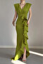 Women's Scuba Diving Fabric Double-Breasted Collar Skirt Flared Oil Green Dress - 3