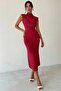 Omzu Pleated Turtleneck Slit Midi Length Evening Dress Invitation Celebration Wedding Promise Engagement Cocktail - 2