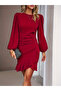 Women's long sleeve crew neck front flywheel imported crepe dress - 2