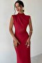 Omzu Pleated Turtleneck Slit Midi Length Evening Dress Invitation Celebration Wedding Promise Engagement Cocktail - 3
