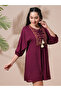 Burgundy Embroidered Yoke Workwear Mini Dress - 2