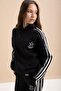 Black 3 Thread Ribbed Stripe Lace Detailed Girls Hooded Tracksuit Set 22719 - 3