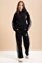 Black 3 Thread Ribbed Stripe Lace Detailed Girls Hooded Tracksuit Set 22719