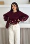 Women's Burgundy Floral Embroidered Knitwear Sweater Standard Size Balloon Sleeve - 7