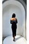 Madonna Collar Sequined Velvet Dress with Slits - 4