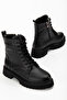 Black Faux Leather Women's Daily Combat Boots with Laces, Zipper, Water-Resistant - 6