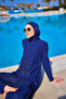 Navy Blue Full Covered Hijab Swimsuit - High Neck, with Stopper, Water Draining M2508-2