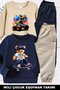 Teddy Bear and Dinosaur Printed, Embroidered Inside, 2-Piece Pack, Beige-Navy Blue Unisex Children's Tracksuit Set