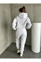 Women's White Three Thread Ribbed Hooded Sweat Tracksuit Set - 3