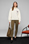 Luxe Women's Color Embroidered and Back Print Detailed Hooded Ecru Sweatshirt - 2