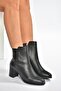 V468581003 Black Genuine Leather Thick Heeled Women's Boots - 3