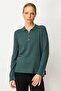 Women's Polo Neck Collar and Buttoned Sleeves Blouse Green