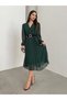 New Season Women's Double-Breasted Neck Lined Belted Tulle Midi Chiffon Dress