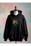 Printed Cotton 3 Thread Oversize Black Sweatshirt