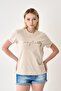 Women's Ribbed Collar 100% Cotton Stone T-Shirt - 4